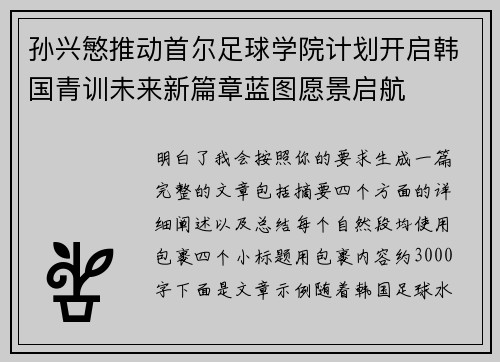孙兴慜推动首尔足球学院计划开启韩国青训未来新篇章蓝图愿景启航 孙兴慜推动首尔足球学院计划开启韩国青训未来新篇章蓝图愿景启航